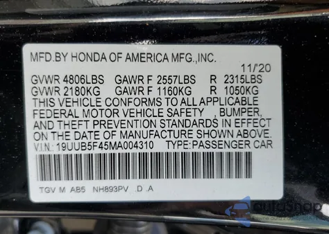 2021 Acura Tlx Technology из США, поврежденный, VIN 19UUB5F45MA004310